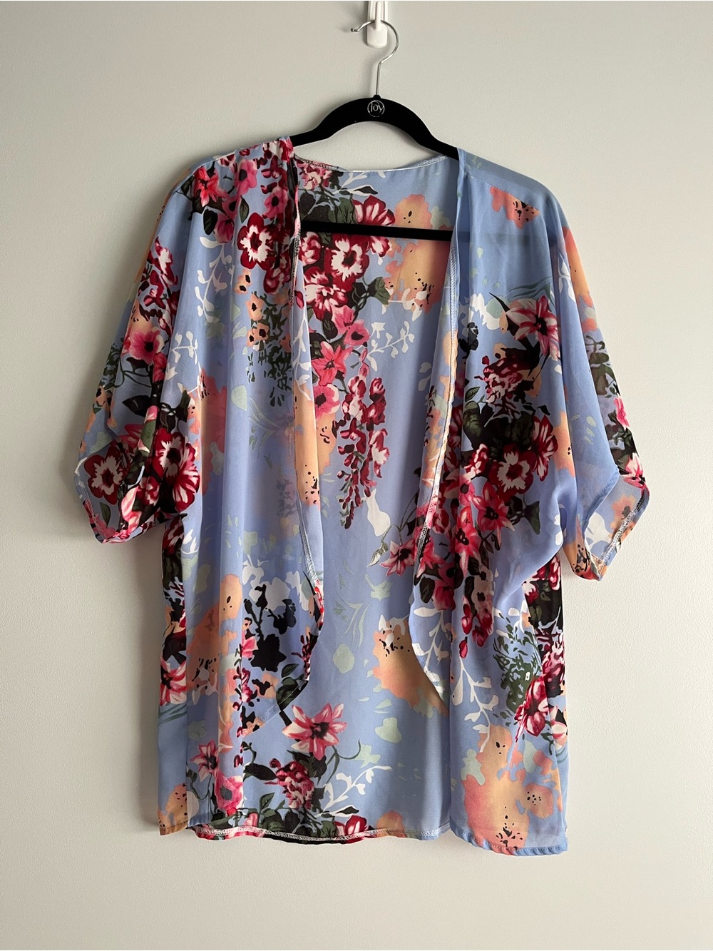 Light Blue Floral Draped Open-Front Kimono Tunic